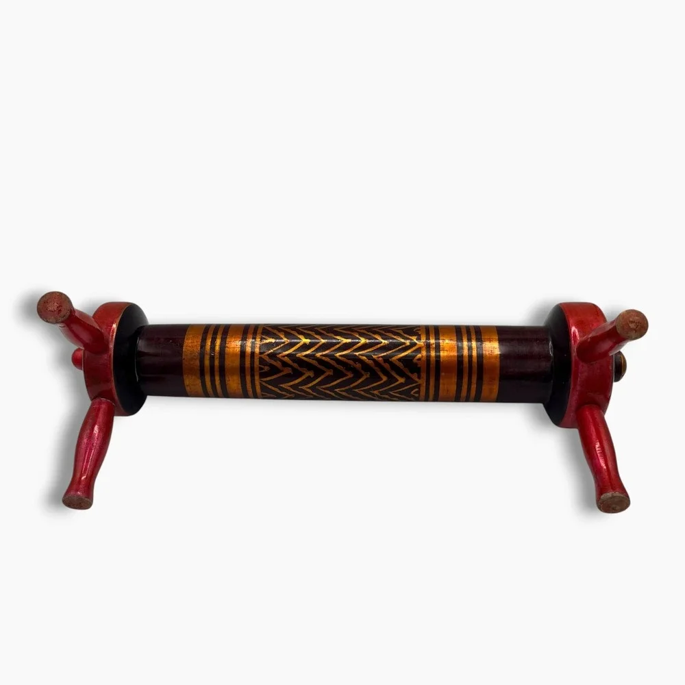 Vintage Handcrafted Lacquered Wood Foot Stool Rolling Pin Red Gold